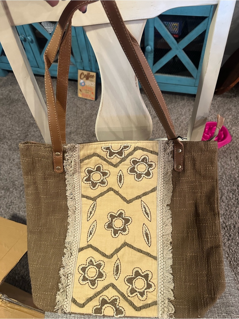 Myra Bag Brown & Cream Boho Floral Canvas Tote